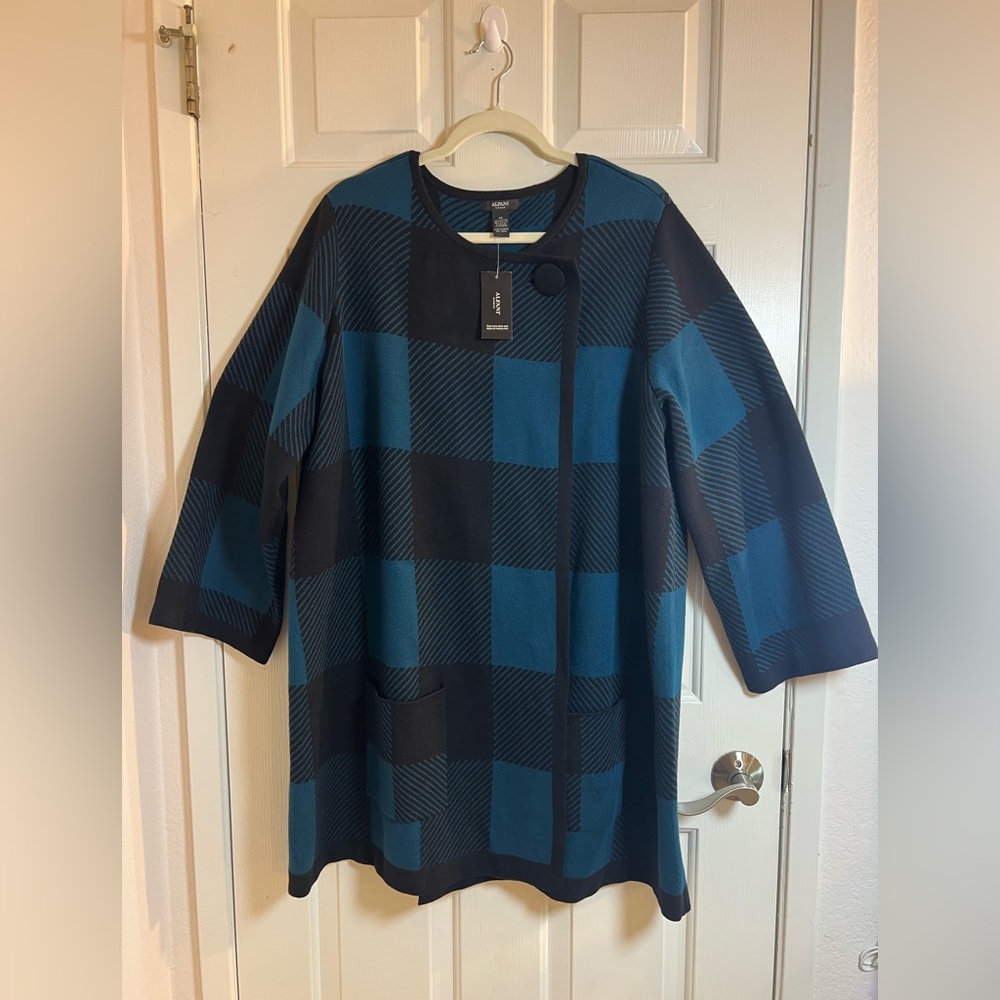 Alfani Blue & Black Checkered Long Sleeve Cardigan with Pockets Size 2X